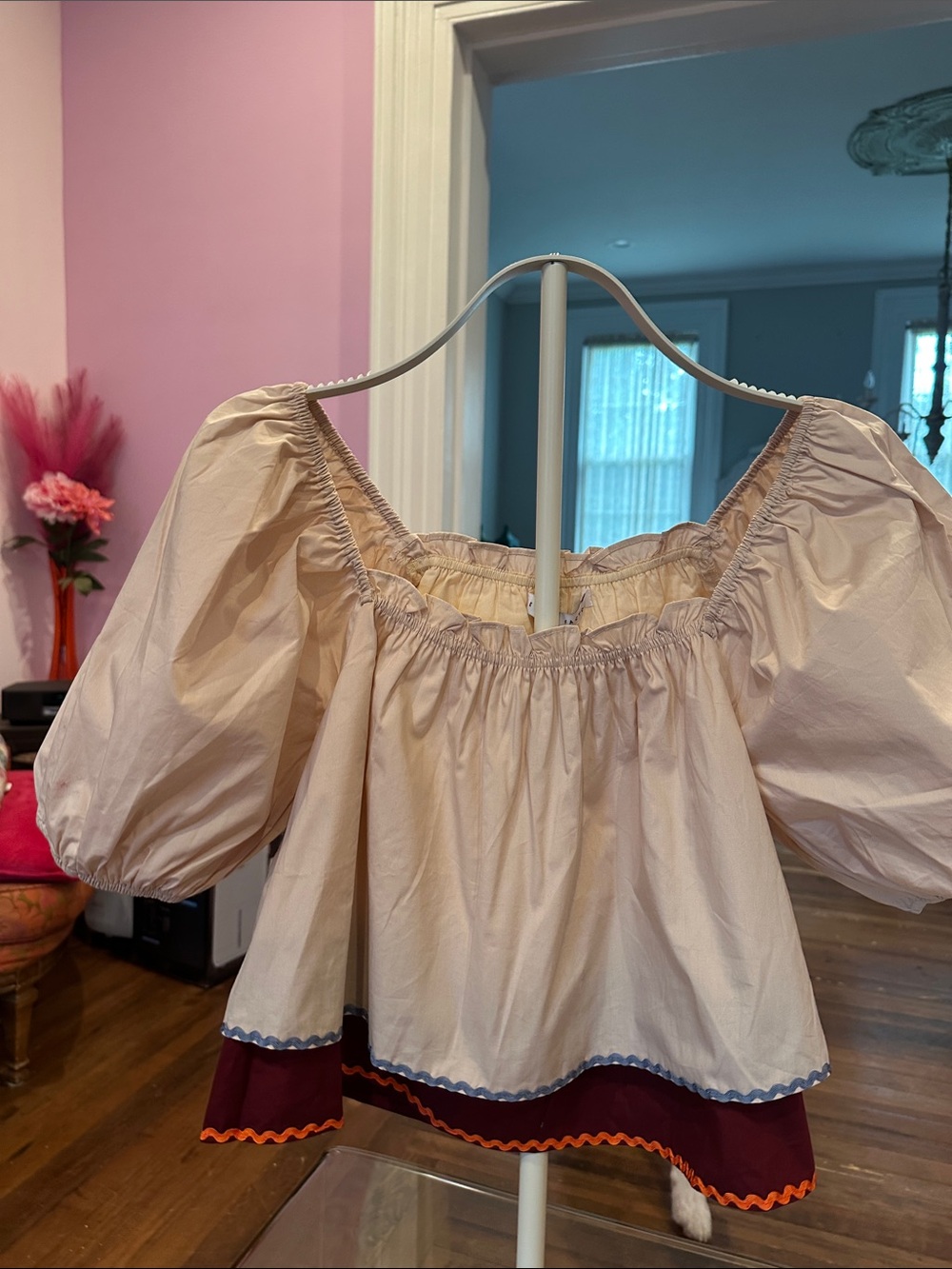 English Factory Blush Pink Puff-Sleeve Crop Top with Contrasting Hem